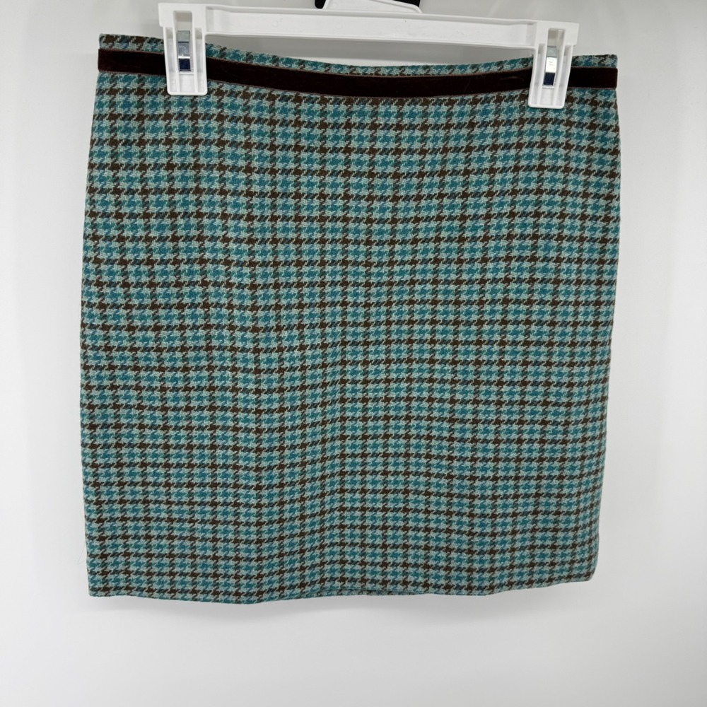 Wool Banana Republic Teal Brown Houndstooth Mini Skirt Velvet Trim Size 4 Preppy